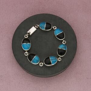 taxco mexico sterling silver vintage turquoise & onyx link bracelet size 6.5in